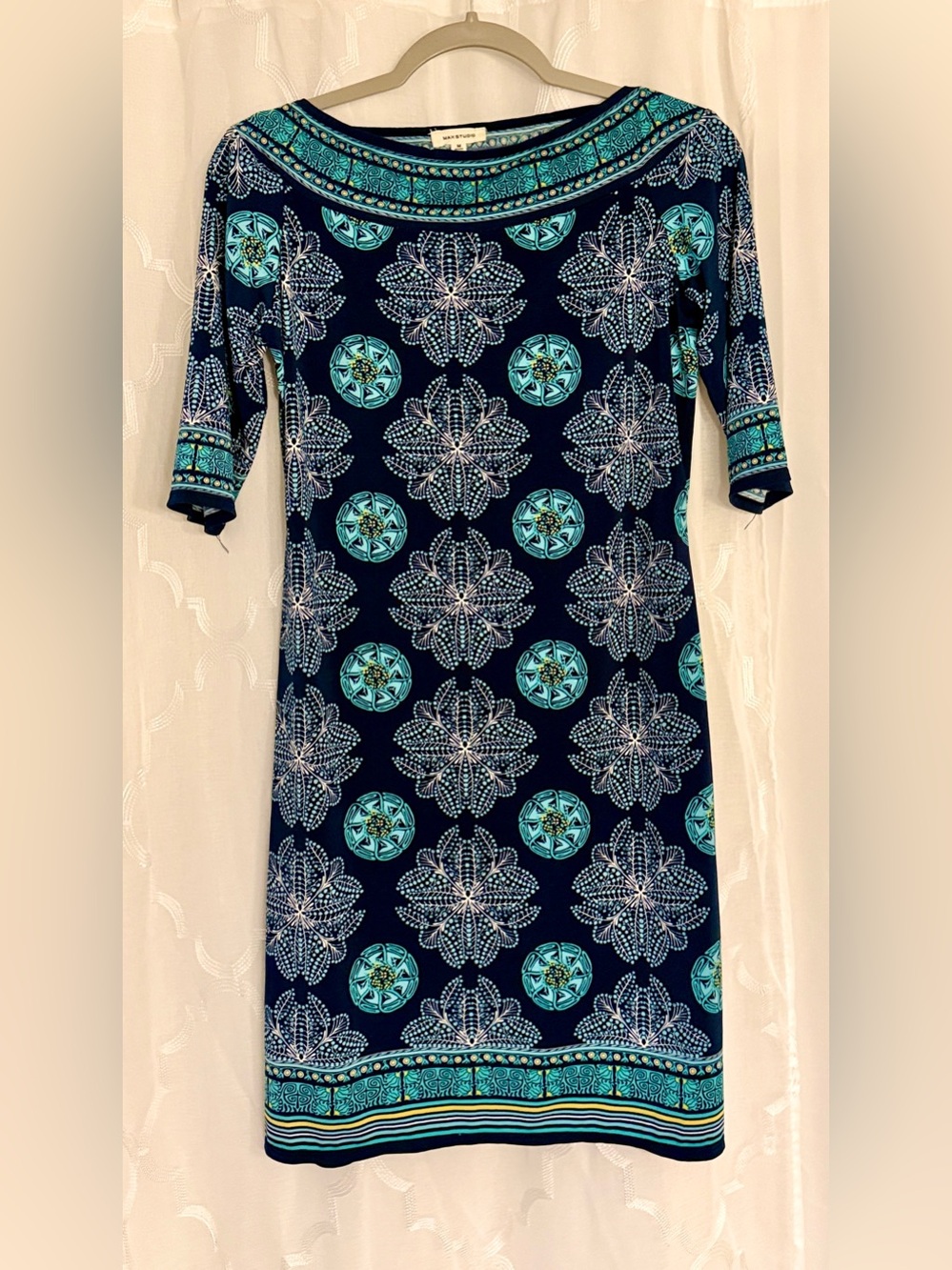 Max Studio Navy & Teal Medallion Shift Dress Size Medium | Boat Neck 3/4 Sleeve